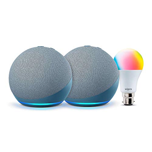 All-new Echo Dot (4th Gen, Blue) gift twin pack with Wipro 9W LED smart color bulb