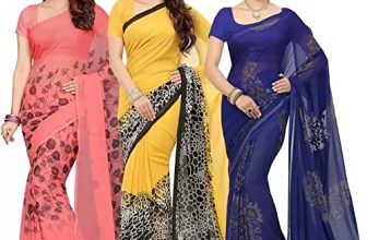 Ishin Women’S Georgette Printed Saree Combo Of 3 With Attached Blouse