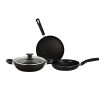 Bergner Essential Plus Non-Stick Cookware Set 4Pc-Kadhai with Glass Lid 2.6 L, Dosa Tawa 28cm, Frypan 24cm 1.8 L, Induction & Gas Ready, Stylish Granite Coating with Enahnced Bakelite Handles, Black