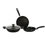 Bergner Essential Plus Non-Stick Cookware Set 4Pc-Kadhai with Glass Lid 2.6 L, Dosa Tawa 28cm, Frypan 24cm 1.8 L, Induction & Gas Ready, Stylish Granite Coating with Enahnced Bakelite Handles, Black
