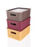 E-COSMOS Kitchen Color Basket Set 3 Pc Storage Basket for Fruits, Vegetables,Magazines, Cosmetics,Kitchen Tool -with Lid – Color May Vary