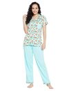 Clovia Women’s Cotton Printed Button Me Up Shirt & Pyjama Set (LS0025U03_Blue_M)