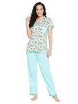 Clovia Women’s Cotton Printed Button Me Up Shirt & Pyjama Set (LS0025U03_Blue_M)