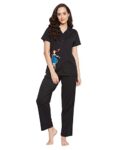 Clovia Women’s Cotton Printed Button Down Shirt & Pyjama Set (LS0025D13_Black_M)