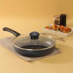 Frenchware Non-Stick FryPan 24cm with 5 Layer Coating, Induction Base, Glass Lid and Ergonomic Handles, Durable Granite Finish, 100% Food-Grade, Flared Rims (Pack of 1)