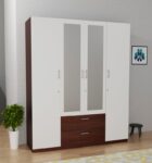 Barewether Engineered Wood 4 Door Wardrobe(Finish Color – Walnut with White, Mirror Included, Knock Down)