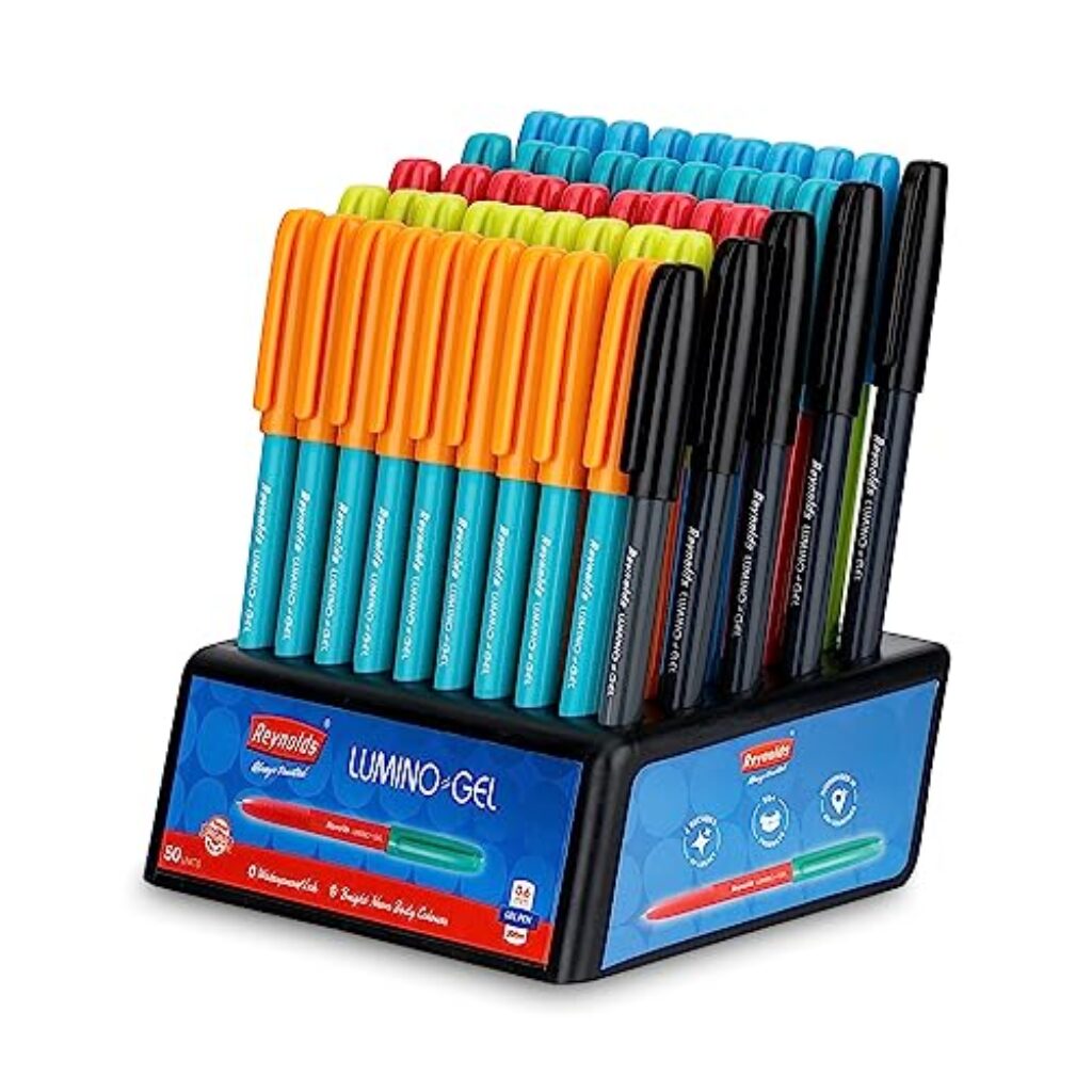 Reynolds LUMINO GEL 50 CT BLUE - DISPENSER | Gel Pen Set With Comfortable Grip | Pens For Writing | School and Office Stationery | Pens For Students | 0.6 mm Tip Size