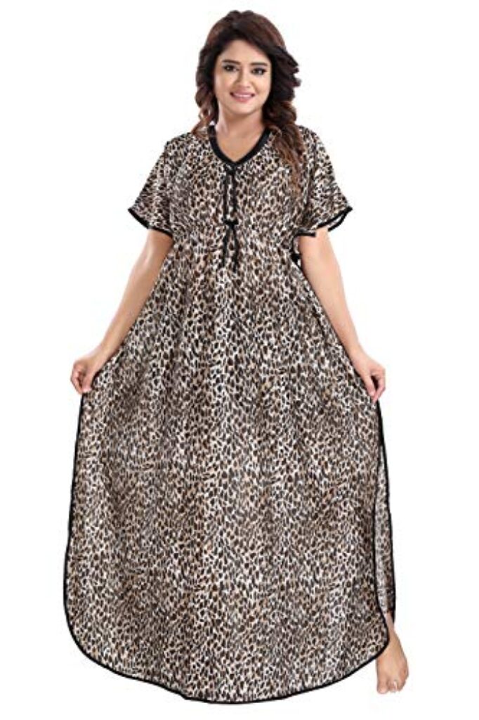 Fabme Women's Satin Animal Print Floor Length Night Gown (NW0237CH_Cheetah Brown_Free Size)