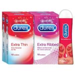 Durex Pleasure Packs (Condoms – 10 Count (Pack of 2, Extra Thin), Condoms – 10 Count (Pack of 2, Extra Ribbed), Pleasure Gel – 50 ml (Strawberry))