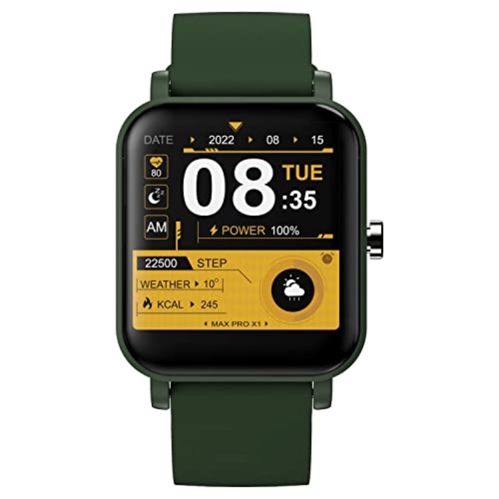 Maxima Max Pro X1 Smartwatch - Premium 1.4 HD Display of 500 Nits with 10 Days Battery Life, 100+ Watch Faces, Sleep & SpO2 Monitoring, Social Media alerts, Multiple Exercise Modes (Army Green)