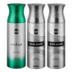 Ajmal Raindrops & Silver Shade & Silver Shade Deodorant Spray – For Men & Women (200 ml, Pack of 3)