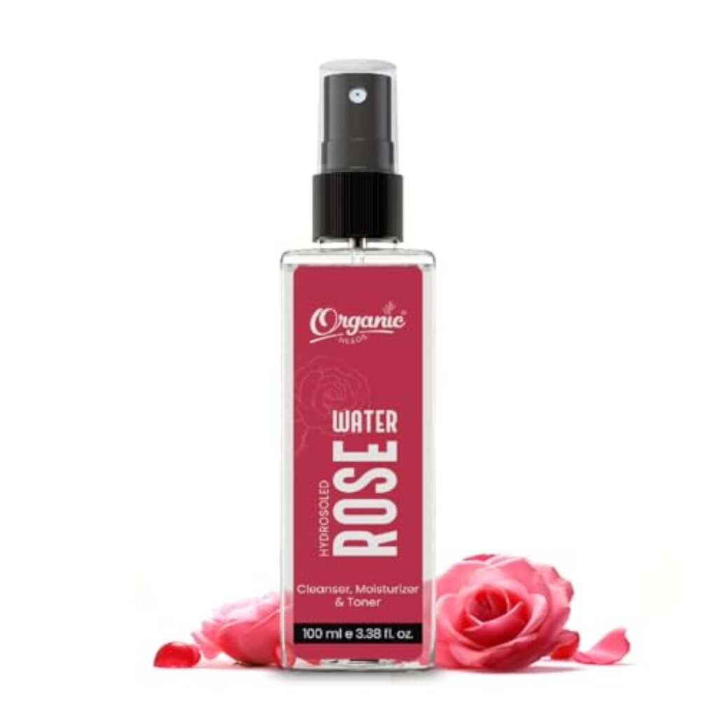 Organic needs Pure Rose water for face 100 ml, Steam distilled rose water, Cleanser, Moisturizer & toner for glowing skin, Gulab jal spray, Pure gulab jal, rose water spray for face. (Pack of 1)