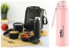 Cello Max Fresh All in One Lunch Box Set of 5 with Fabric Bag, Black, Large & Cello Puro Steel-X Benz Water Bottle with Inner Steel and Outer Plastic, 900 ml (Pink)