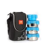 CELLO Max Fresh Click Lunch Box Set with Bag, 4 Containers, 300 ml, Blue Outer Plastic & Inner Stainless Steel Tiffin Box with Jacket Leakproof Lunch Boxes Easy to Clean Ideal for College, Office