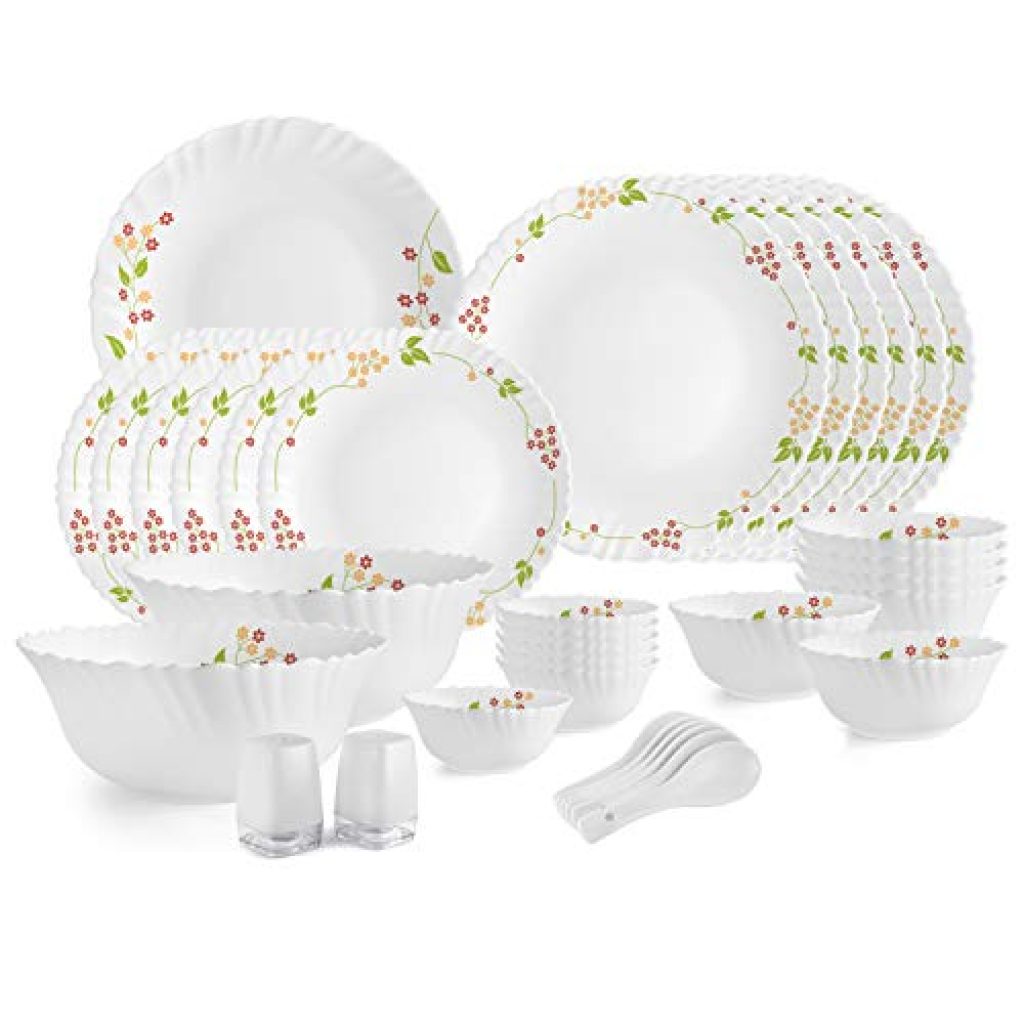 Cello Opalware Dazzle Series Secret Garden Dinner Set, 35 Units | Opal Glass Dinner Set for 6 | Light-Weight, Daily Use Crockery Set for Dining | White Plate and Bowl Set