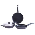Wonderchef Platinum Plus Non-Stick Cookware Set Of 4|Kadhai With Glass Lid 24Cm,Fry Pan 24Cm&Dosa Tawa 25Cm|Cool-Touch Bakelite Handle|Pure Grade Aluminium|Pfoa Free|1 Year Warranty|Black