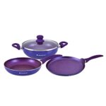 Wonderchef Blueberry Aluminium Non-Stick Cookware Set of 4 | Kadhai with Glass Lid 24cm, Fry Pan 24cm & Dosa Tawa 25cm | Induction Friendly Cookware | Soft Touch Handle | Pure Grade Aluminium | PFOA Free | 2 Year Warranty | Blue