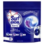 Surf Excel Matic 3 in 1 Smartshots – 28 units of dissolvable detergent capsules with Superior Stain Removal, Fabric Care and Long Lasting Fragrance. 1 shot = 1 wash