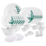 Cello Aqua Leaves Dazzle Series Opalware Dinner Set, 37 Pieces, Service for 6, White, Extra Large (Model: CLO_OPLWR_DZZL_AQLVS_DS_37PCS)