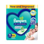 Pampers All round Protection Pants, New Born/Extra Small (NB/XS) Size, 86 Count, Pant Style Baby Diapers, Anti Rash Blanket, Lotion with Aloe Vera, Up to 5kg Diapers