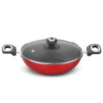 ‎Preethi Dura Collection Non Stick Kadai, 24 cm, with Glass Lid, Gas & Induction Compatible, 5 Star Non Stick Effect, Chilly Red