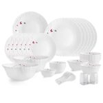 Cello Opalware Dazzle Series Lush Fiesta Dinner Set, 35 Units | Opal Glass Dinner Set for 6 | Light-Weight, Daily Use Crockery Set for Dining | White Plate and Bowl Set
