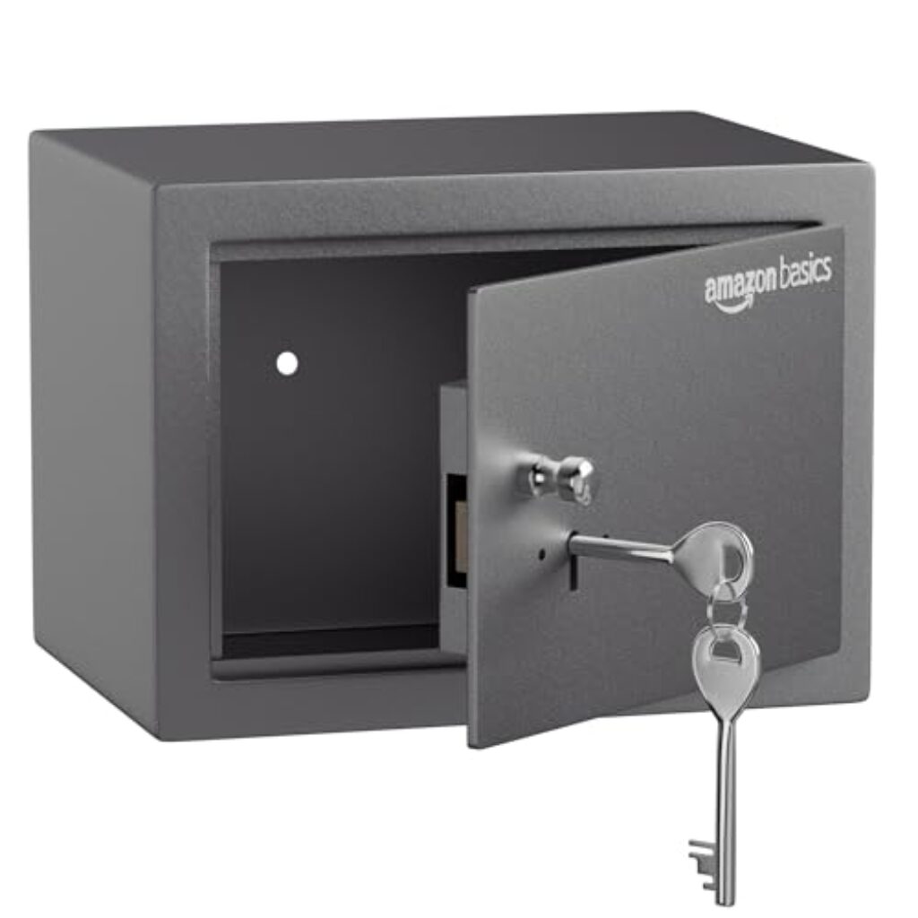 Amazon Basics Home Safe with Key for Home, Gross Capacity - 8.6L, Grey