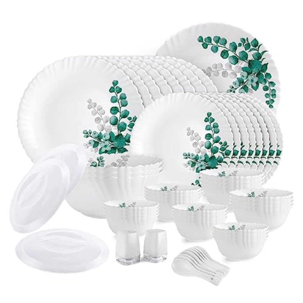 Cello Opalware Dazzle Series Aqua Leaves Dinner Set, 57Pcs | Opal Glass Dinner Set for 8 | Light-Weight, Daily Use Crockery Set for Dining | White Plate and Bowl Set