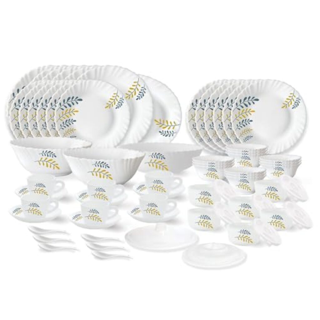 Larah by Borosil Niva Fluted Series Opalware Dinner Set | 66 Pieces for Family of 6 | Microwave & Dishwasher Safe | Bone-Ash Free | Crockery Set for Dining & Gifting | Plates & Bowls | White