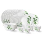 Larah by Borosil Bamboo Leaves Fluted Series Opalware Dinner Set | 33 Pieces for Family of 6 | Microwave & Dishwasher Safe | Bone-Ash Free | Crockery Set for Dining & Gifting | Plates & Bowls | White