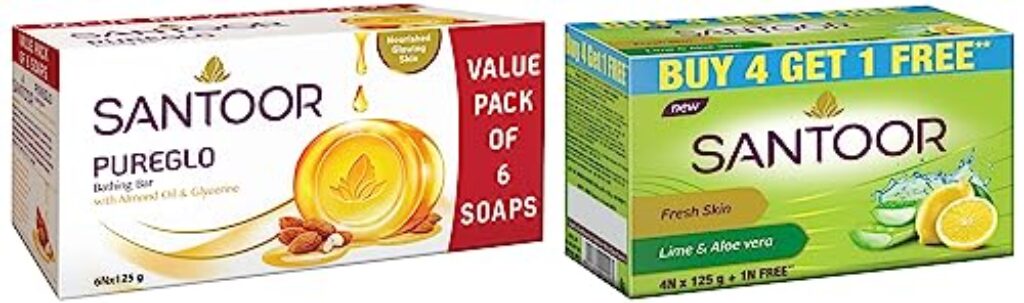 Santoor Pureglo Glycerine Soap With Almond Oil And Glycerine, 125G (Pack Of 6) For Nourished Glowing Skin And Aloe Fresh Soap With Aloe Vera And Lime, 125G