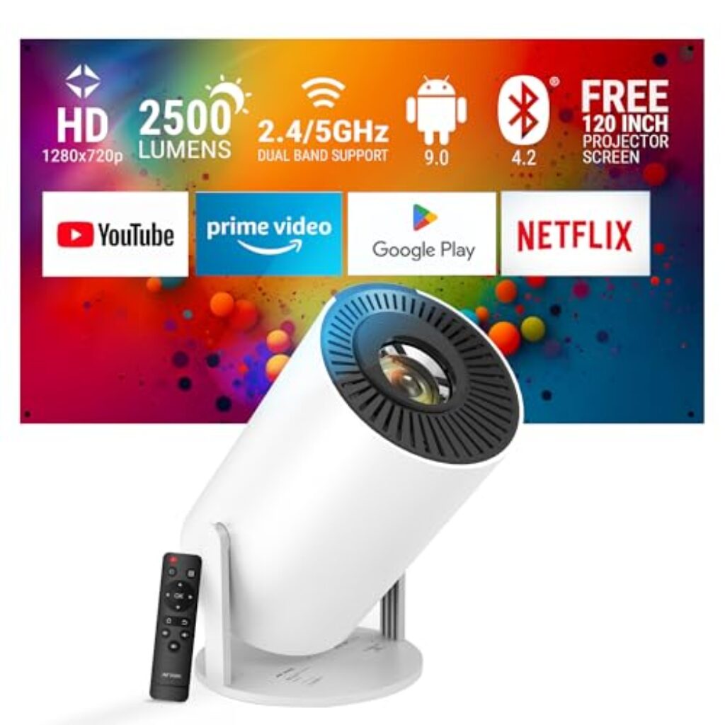 Ant Esports View 521 Smart LED Projector - White | 720P Native & 4K Support I 2500 Lumens I WiFi + BT, Android 9 I HDMI/USB I Upto 130"(330cm) Max Screen I Speaker Power 3W I Included 120" Screen