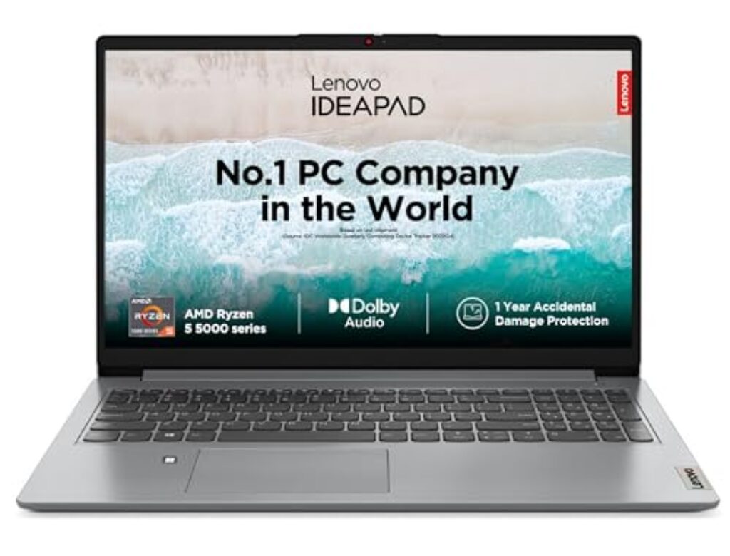 Lenovo IdeaPad 1 AMD Ryzen 5 5500U 15.6" (39.62cm) FHD Thin & Light Laptop (8GB/512GB SSD/Integrated AMD Graphics/Windows 11/Office 2021/HD Camera/1 Year ADP Free/Grey/1.6Kg), 82R400BRIN