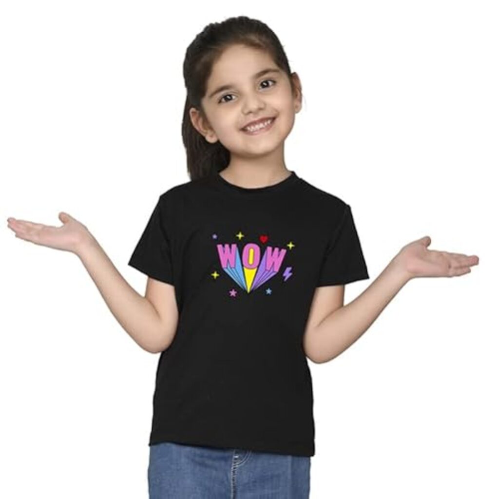 Nusyl Girls Half Sleeves Black Wow Printed T-Shirt - NUGCTSH0070