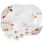 Larah by Borosil Fluted Series Red Lily Opalware Dinner Set | 21 Piece for Family of 6 | Microwave & Dishwasher Safe | Bone-Ash Free | Crockery Set for Dining & Gifting | Plates & Bowls | White