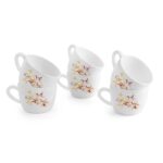 CELLO Opalware Dazzle Queen Cup Yellow Scroll | Cups for Tea,Coffee,Espressoc | Thermal Resistant | Light Weight | 130ml, Set of 6