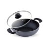 Attro Aluminium Induction & Gas Stove Compatible Non Stick 3mm Thickness Heavy Duty Kadhai with Glass Lid, Spatter Finish, (240 mm, Black)