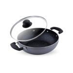 Attro Aluminium Induction & Gas Stove Compatible Non Stick 3mm Thickness Heavy Duty Kadhai with Glass Lid, Spatter Finish, (240 mm, Black)