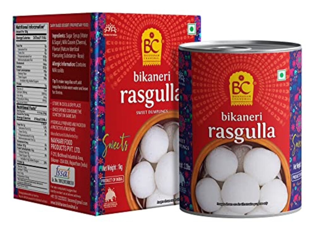 Bhikharam Chandmal Rasgulla Tin Sweets - Open & Eat - Indian Sweets - Bengali Mithai - 1 Kg - 16 Pieces