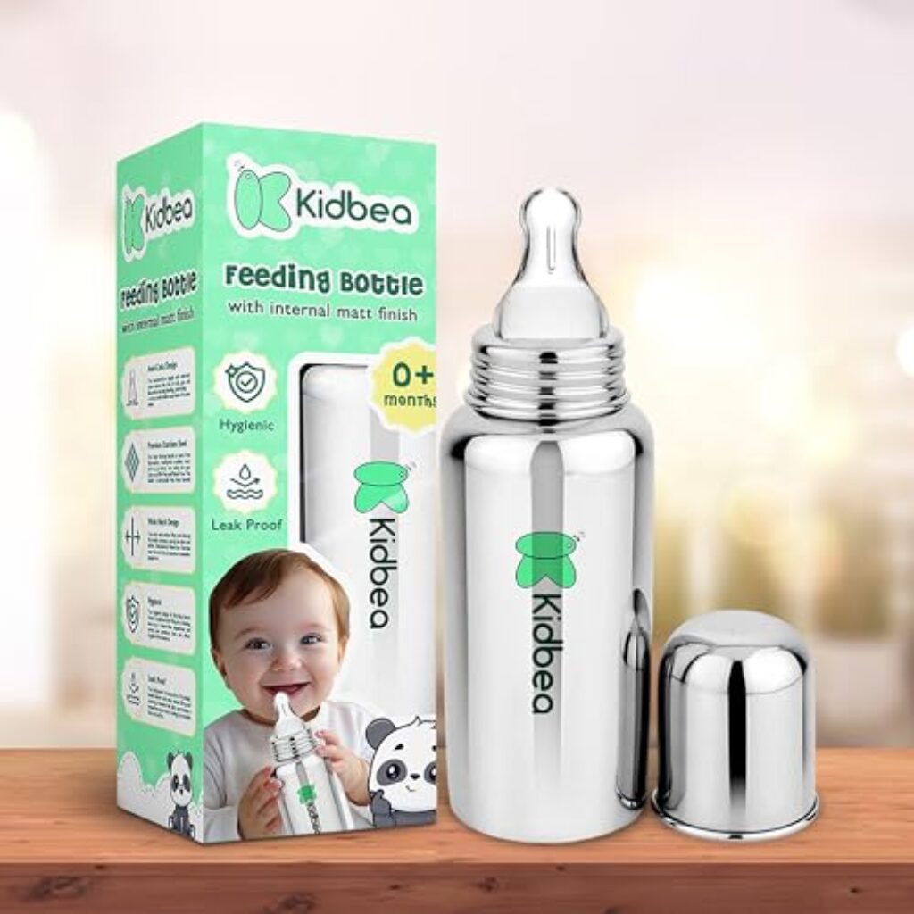 Kidbea Stainless Steel Infant Baby Feeding Bottle, BPA Free, Anti-Colic, Plastic-Free, Medium-Flow X 1 Nipple (250 ML) (Argyle)