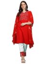 EthnicJunction Women’s Cotton Blend Embroidered Mirror Work Kurta Pant and Dupatta Set (B23-Sonali-Red_L_Red)