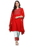 EthnicJunction Women’s Cotton Blend Embroidered Mirror Work Kurta Pant and Dupatta Set (B23-Sonali-Red_L_Red)