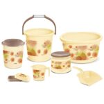 Milton Elegance Waste Paper Plastic Bath Set of 7 (Bucket, 18 litres; Deep Bucket, 20 litres; Soap Case; Mug, 1000 ml; Waste Paper bin with Lid, 7400 ml; Crown Patla; Dust pan), Novel
