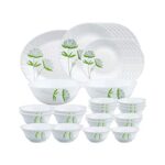 Larah by Borosil Green Lily Opalware Dinner Set, 33-Pieces, White