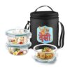 Treo by Milton All Fresh Glass Tiffin Containers With Insulated Jacket (Wedesi print), 3 Containers, 400 ml Each, Black, Microwave Safe, Ovensafe, Stackable, Leak Proof, Office