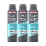Dove Men+Care Clean Comfort Dry Spray Antiperspirant Deodorant, Up To 48 hrs Protection From Sweat & Odour, Instantly Dry for Cleaner Feel, Dermatologically Proven Formula, Soothes & Moisturises Skin, Clean, Crisp Scent, 150 ml (Pack of 3)