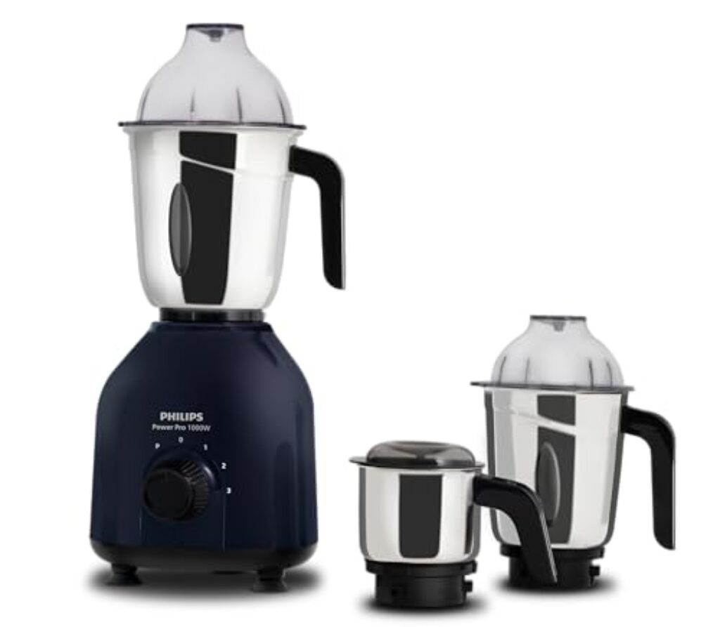 Philips HL7713/01,1000 W PowerPro Motor Mixer Grinder, 3 Jars (Azure Blue), Edged blade made of superior SS304 material, Quick cool ventilation for longer motor life