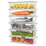 TEX-RO 4 Fridge Storage Boxes Fridge Organizer with Removable Drain Plate and Lid Stackable Container Plastic Freezer Storage Containers for Fish, Meat, Vegetables, Fruits(1500ML)