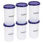 Amazon Brand – Solimo Plastic Slim Storage Container | Airtight | Leakproof | Set Of 6 | 600 Ml Each, Blue
