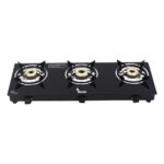 Thermador Glass Gas Stove 3 Burners Premium Brass Plated Burner | Automatic Ignition Tornado Burner 6 mm Toughened Glass Top |Nylon Ergonomics Knob |LPG Compatible|ISI Certified|1 Yr Warranty | Black